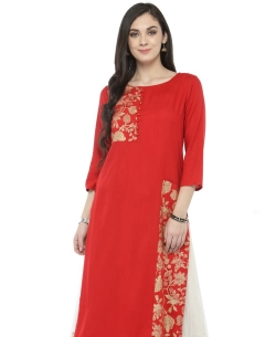 Red Rayon Border Work Straight Cut Kurtis