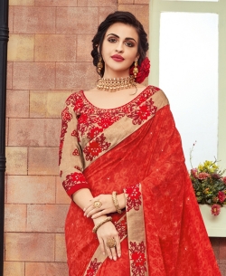 Orange Georgette Printed Border Sarees