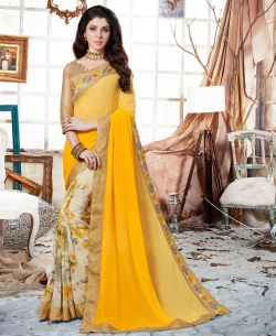 Shaded Yellow Georgette Floral Print And Lace Work Half And Half Sarees


