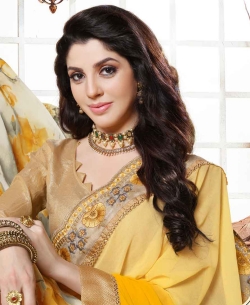 Shaded Yellow Georgette Floral Print And Lace Work Half And Half Sarees

