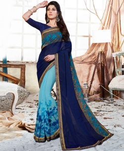 Light Blue And Dark Blue Georgette Geomatric Print And Lace Embroidered Half And Half Sarees
