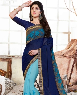 Light Blue And Dark Blue Georgette Geomatric Print And Lace Embroidered Half And Half Sarees
