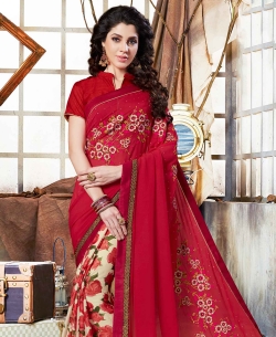 Red Georgette Floral Print And Embroidered Half And Half Sarees
