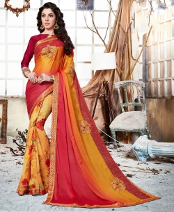 Shaded Orange Padding Rangoli And Georgette Floral Print And Patch Work Half And Half Sarees
