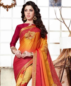 Shaded Orange Padding Rangoli And Georgette Floral Print And Patch Work Half And Half Sarees
