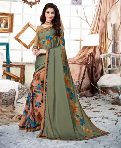 Dusty Green Rangoli And Georgette Block Print And Lace Work Half And Half Sarees
