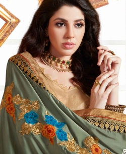 Dusty Green Rangoli And Georgette Block Print And Lace Work Half And Half Sarees
