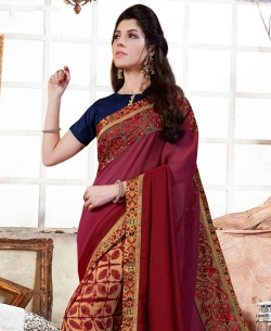 Multi Rangoli And Georgette Color Block Print And Lace Embroidered Border Sarees