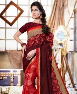 Red And Maroon Rangoli And Georgette Floral Design Half And Half Sarees
