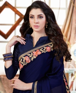 Dark Blue Georgette Floral Design Border Sarees