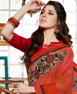 Shaded Red Georgette Floral Design Half And Half Sarees
