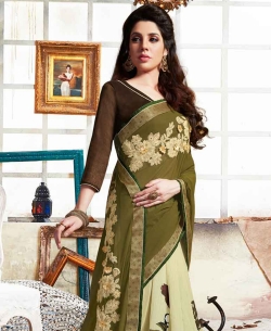 Mehandi Green Georgette Floral Design Half And Half Sarees