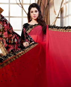 Shaded Red Georgette Floral Print And Heavy Lace Work Half And Half Sarees