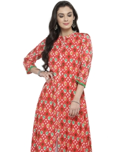 Red Viscose Rayon Printed A Line Kurtis