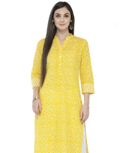 Yellow Cotton Printed A Line Kurtis