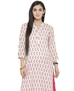 White Viscose Rayon Printed A Line Kurtis