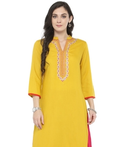Yellow Viscose Rayon Printed A Line Kurtis