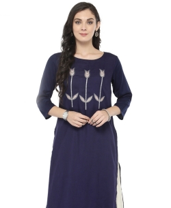 Navy Blue Viscose Rayon Printed A Line Kurtis