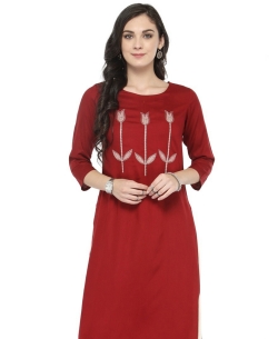Maroon Viscose Rayon Printed A Line Kurtis