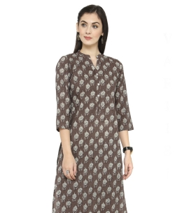 Brown Cotton Printed A Line Kurtis