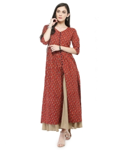 Maroon Cotton Printed A Line Kurtis