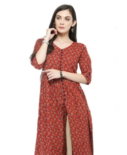 Maroon Cotton Printed A Line Kurtis