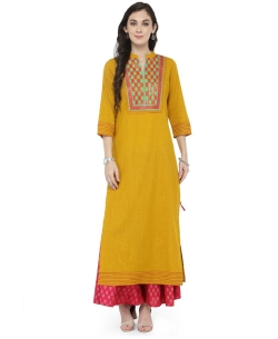 Mustard Cotton Printed A Line Kurtis