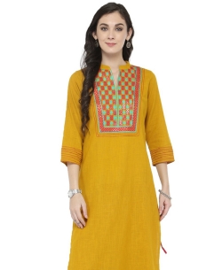 Mustard Cotton Printed A Line Kurtis