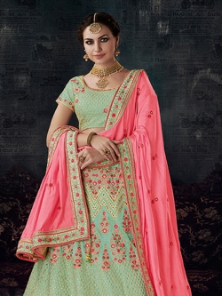 Pista Green  Silk Printed A Line Lehengas