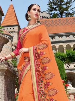 Orange Georgette Lace Border Designer Sarees