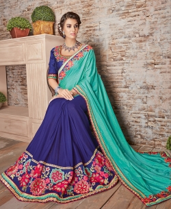 Turquiose Satin Silk Border Work Designer Sarees