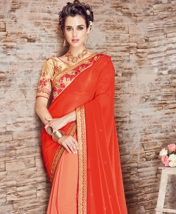Orange Chiffon Border Work Designer Sarees