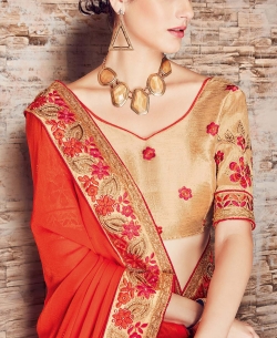 Orange Chiffon Border Work Designer Sarees