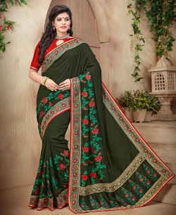 Dark Green Raw Silk Border Work Designer Sarees