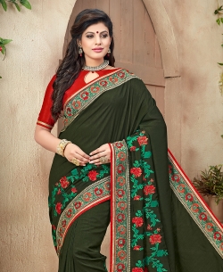 Dark Green Raw Silk Border Work Designer Sarees