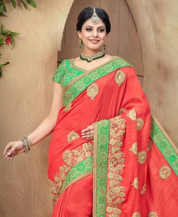 Peach Dupion Silk Border Work Designer Sarees