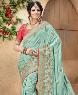 Sky Blue Crepe Silk Border Work Designer Sarees