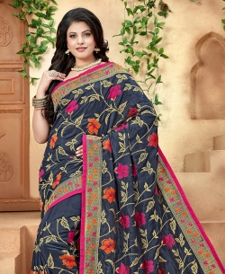 Dark Blue Dupion Silk Embroidery
 Designer Sarees
