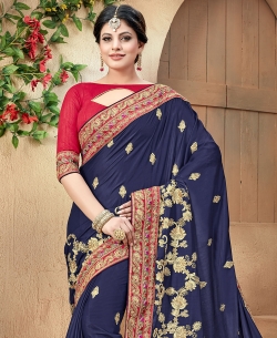 Dark Blue Crepe Silk Lace Border Designer Sarees