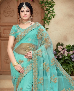 Blue Soft Net Embroidery
 Designer Sarees