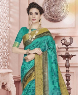 Green Polyester Staple  Jacquard Border Traditional Sarees