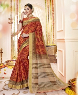 Orange Polyester Staple  Jacquard Border Traditional Sarees