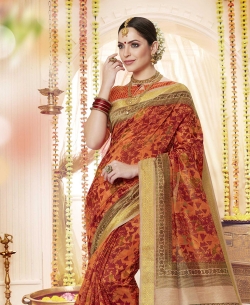 Orange Polyester Staple  Jacquard Border Traditional Sarees