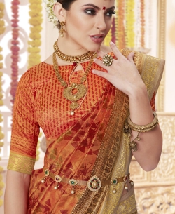 Orange Polyester Staple  Jacquard Border Traditional Sarees