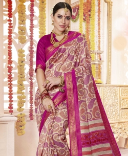 Pink Polyester Staple  Jacquard Border Traditional Sarees