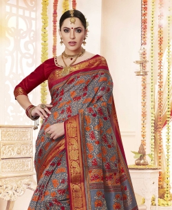 Grey Polyester Staple  Jacquard Border Traditional Sarees