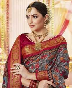 Grey Polyester Staple  Jacquard Border Traditional Sarees