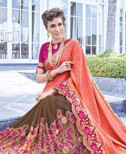 Pink Satin Jacquard Heavy Embroidery Work Half And Half Sarees