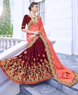 Orange Georgette Heavy Embroidery Work Half And Half Sarees