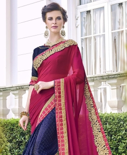 Pink Moss Georgette Heavy Embroidery Work Half And Half Sarees